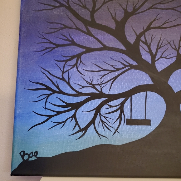 Black Tree Silhouette w/ Swing Acrylic Painting O - Picture 4 of 4